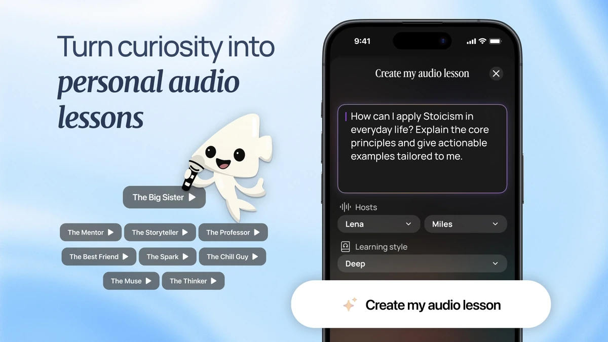 align=center BeFreed generating personalized audio lessons with selectable hosts and styles—an AI podcast alternative to Huxe.