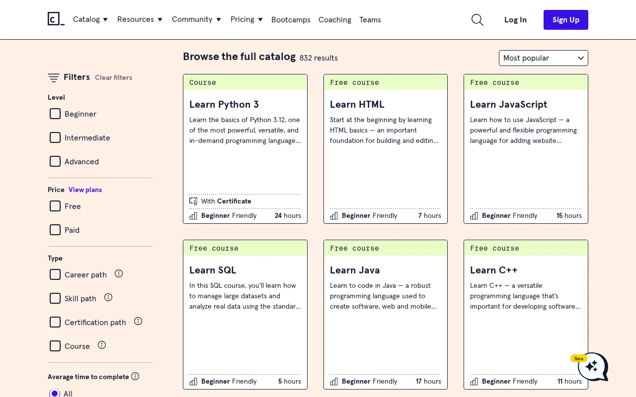 Codecademy course catalog page 2026