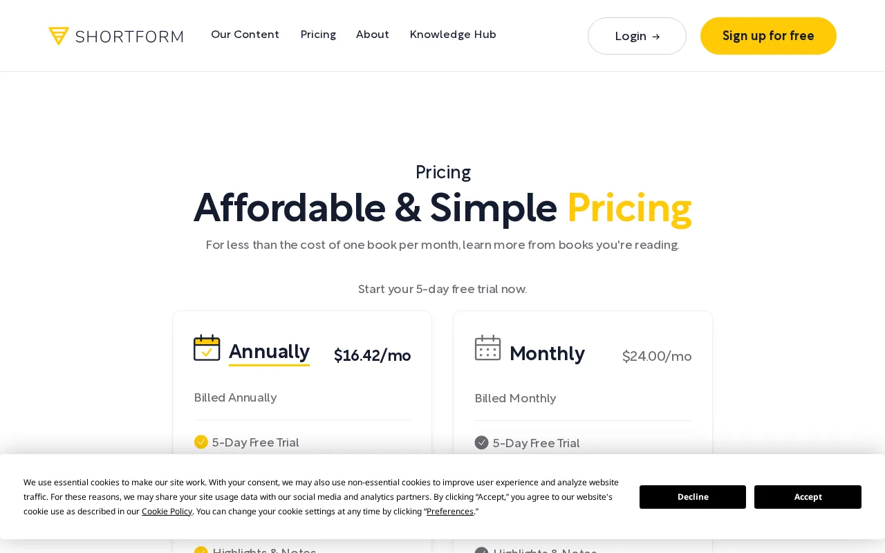 Shortform pricing page showing subscription plans