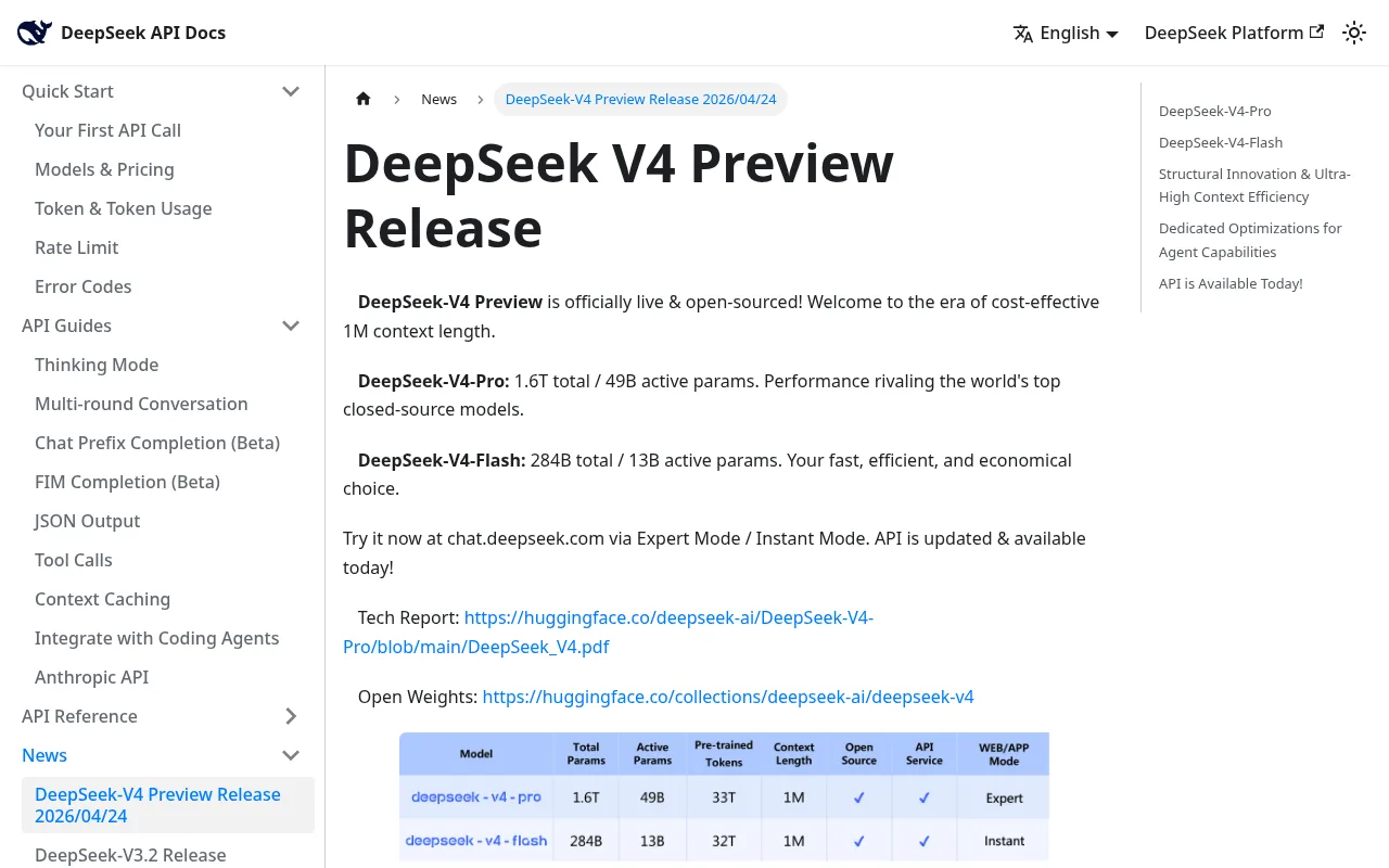 DeepSeek V4 official announcement page April 2026