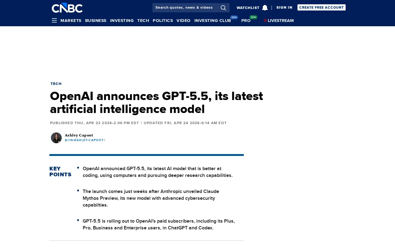 GPT-5.5 announcement from OpenAI covered by CNBC April 2026