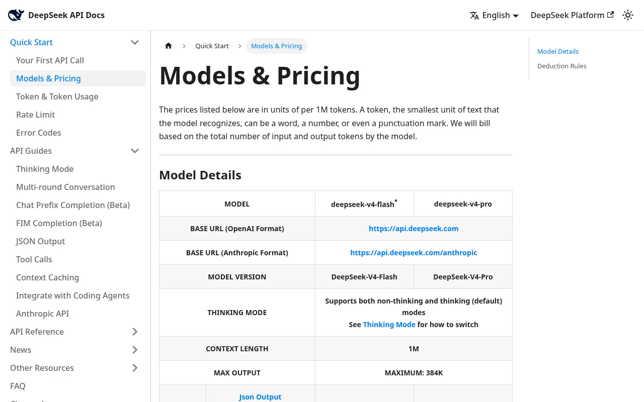 DeepSeek V4 API pricing page 2026