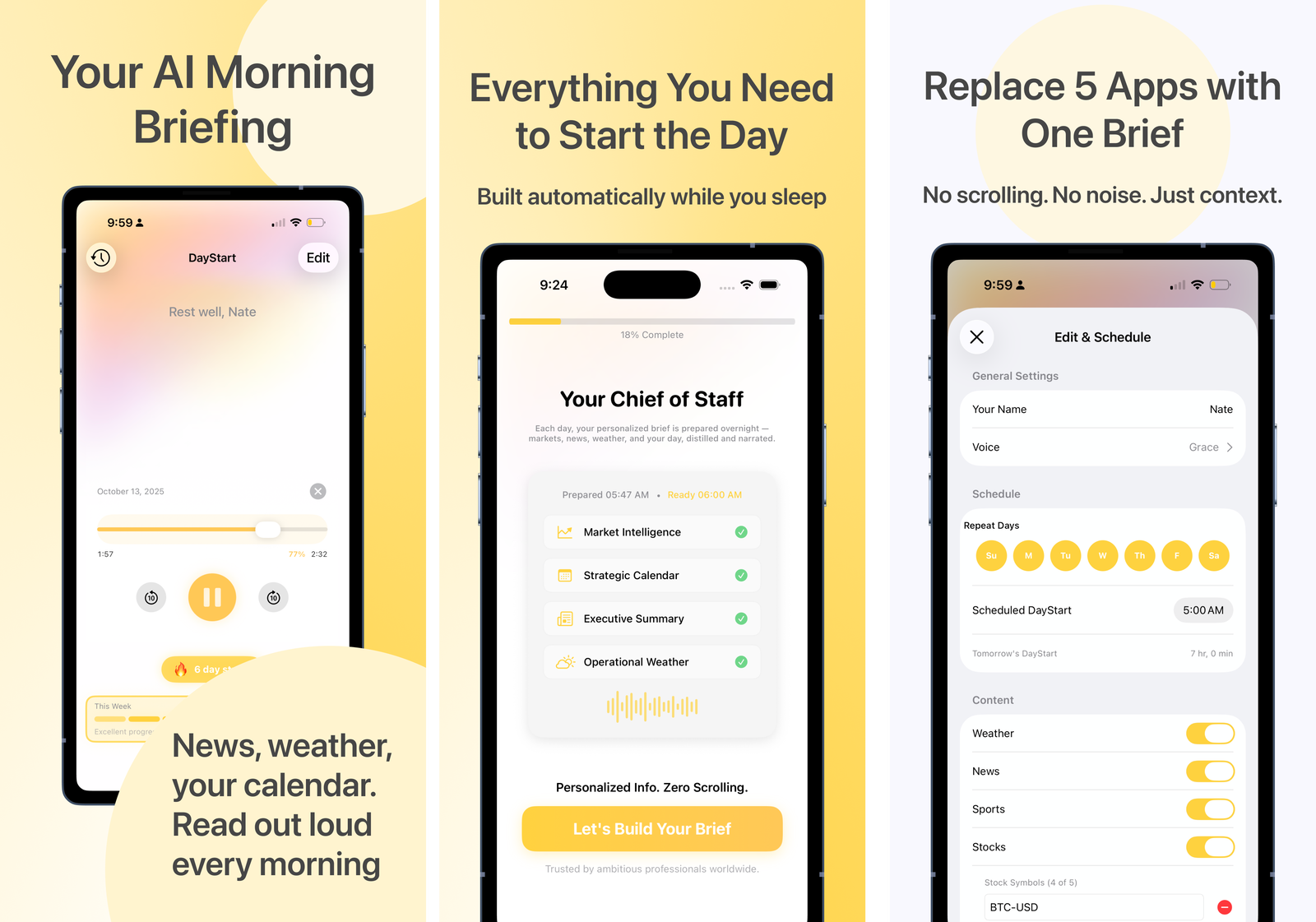 DayStart AI delivers a personalized morning briefing with weather, calendar, news, and more — built while you sleep.