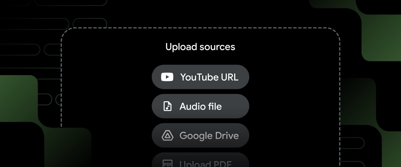 NotebookLM lets you upload sources like YouTube URLs, audio files, Google Drive docs, and PDFs to generate AI audio discussions.