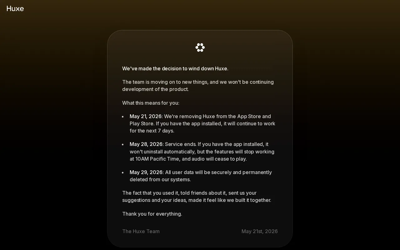 align=center Huxe AI podcast app homepage showing shutdown notice
