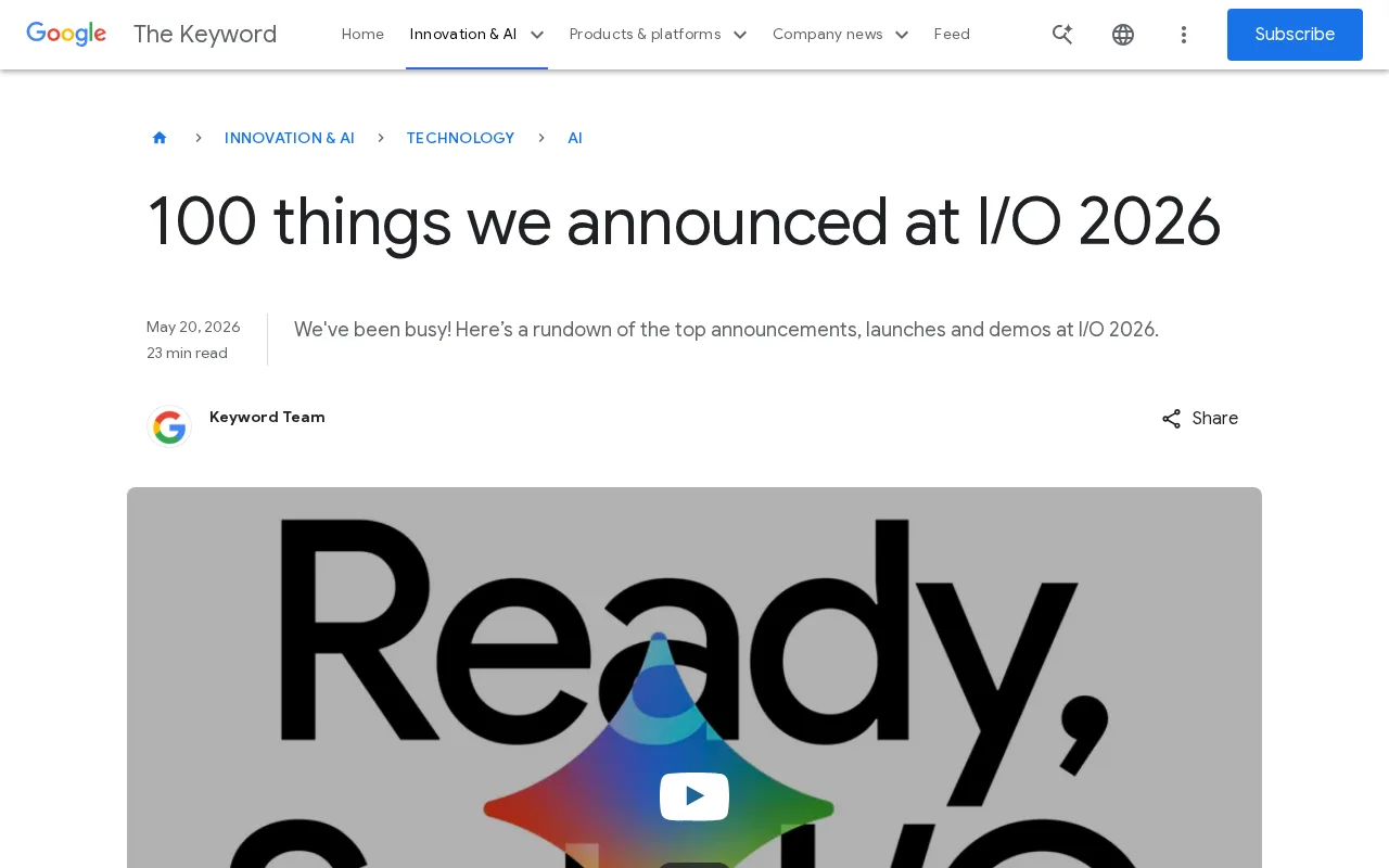 align=center Google I/O 2026 official announcements page featuring Gemini Daily Brief
